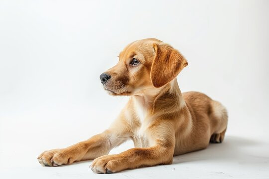 Dog Standing White Background. Labrador Puppy in Playful Studio Portrait