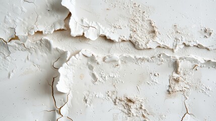 Naklejka premium Close-up of a weathered, cracked concrete wall, peeling layers revealing the rough textures beneath, detailed signs of aging and decay, showing years of exposure