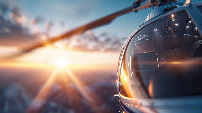 Close-up of a helicopter rotor in motion, showcasing intricate details and powerful rapid rotation, blades gleaming under the sun's rays, capturing the essence of flight technology