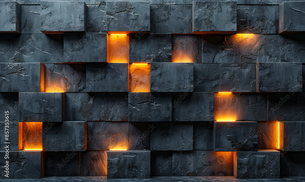 Poster futuristic concrete wall with illuminated white light strips and 3d geometric tech blocks, dark arch
