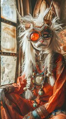 A cat in a red outfit with different eyes