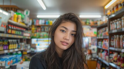 A young woman with long dark hair smiles at the camera in a grocery store