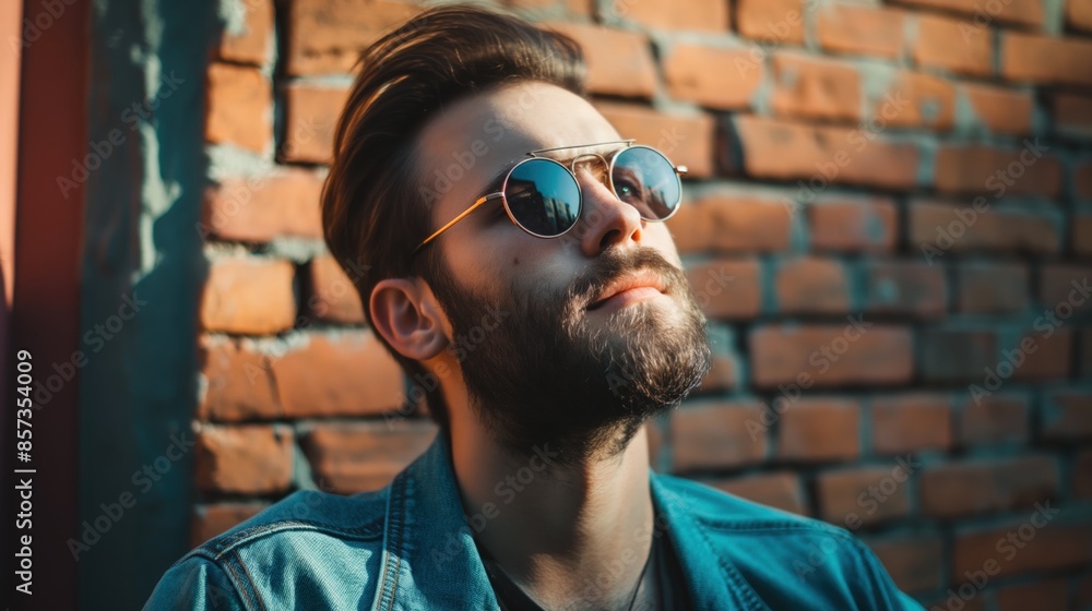 Wall mural A man wearing sunglasses gazes upward while standing in front of a brick wall