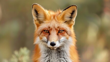 Fototapeta premium Fox Image: Close-up Portrait of Red Fox with Bokeh of Pine Trees in Background