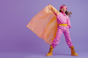 Child in superhero costume posing confidently. Colorful outfit with cape and goggles. Purple background. Represents imagination, fun, and bravery. Ideal for playful and creative content. Generative AI