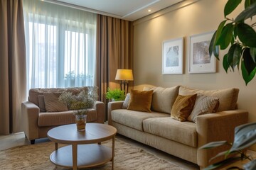 Fototapeta premium Living Room Small. Modern Apartment Interior with Comfortable Sofa and Armchair