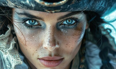 Female pirate ship captain in hat and makeup