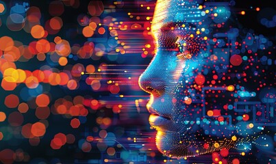 illustration of a human face composed of vibrant and mosaic-like digital pixels, set against a backdrop of glowing digital data streams