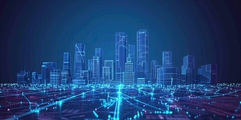Obraz premium Low poly wireframe mesh, isolated on a dark blue background, showing a smart city with the latest wireless systems and internet of things 