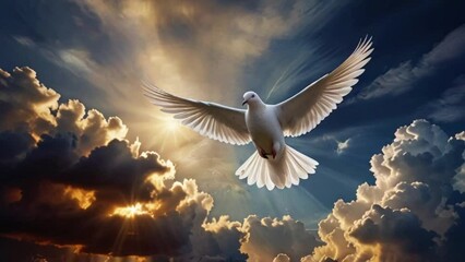 Divine symbolism for Pentecost or Ascension Day, a majestic dove spreads its wings against a dramatic backdrop of a cross and cloudscape, themes of spiritual ascension and divine presence
