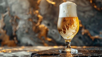 Light foam beer in a glass on an old background