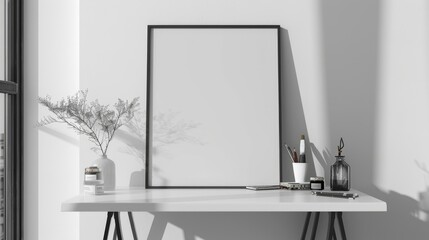 White Desk Photo. Empty Desk for Creative Workspace with Mockup Poster