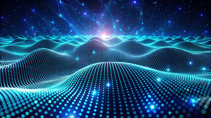 3D Wave Landscape: Data Technology Background with Dots and Binary Code - Big Data, Science, and Digital Processing
