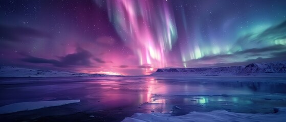 Fototapeta premium Night sky filled with vibrant northern lights over a snowy landscape,