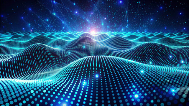 3D Wave Landscape: Data Technology Background with Dots and Binary Code - Big Data, Science, and Digital Processing