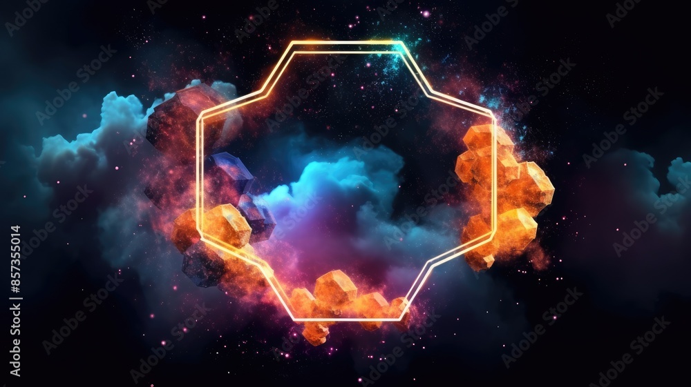 Poster glowing hexagonal frame in the clouds. digital art with fiery effect and dark sky. sci-fi and fantas