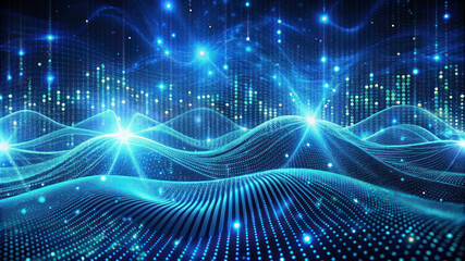 3D Wave Landscape: Data Technology Background with Dots and Binary Code - Big Data, Science, and Digital Processing