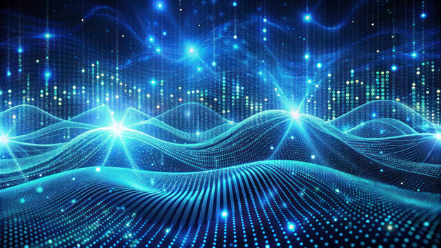 3D Wave Landscape: Data Technology Background with Dots and Binary Code - Big Data, Science, and Digital Processing