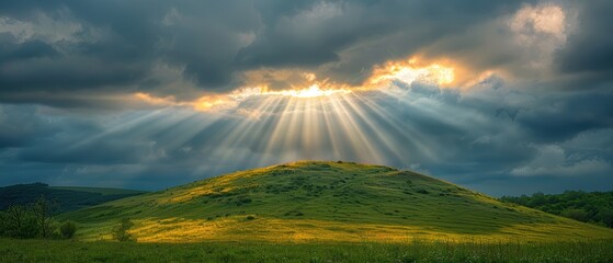 Overcast sky with sun rays breaking through and illuminating a city skyline, creating a dramatic and hopeful urban scene, Photography, high dynamic range (HDR),