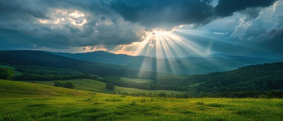 Overcast sky with sun rays breaking through and illuminating a city skyline, creating a dramatic and hopeful urban scene, Photography, high dynamic range (HDR),