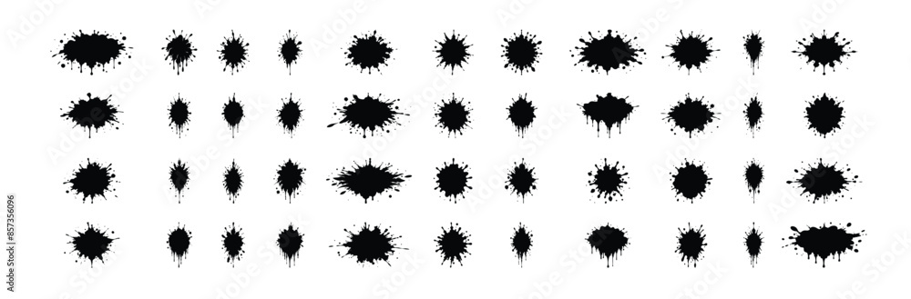 Wall mural set of black ink splatters and blotches isolated. vector collection of drips in various shapes and s