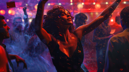 Obraz premium Close-up of a young woman having fun on the dance floor in a nightclub. Beautiful woman at a party. The concept of party, relaxation.