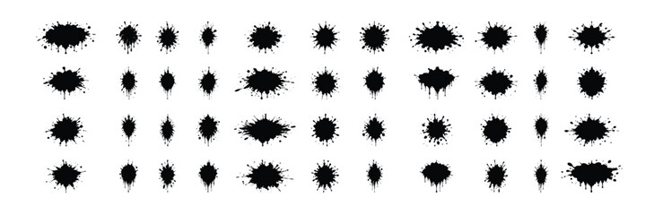 Set of black ink splatters and blotches isolated. Vector collection of drips in various shapes and sizes.
