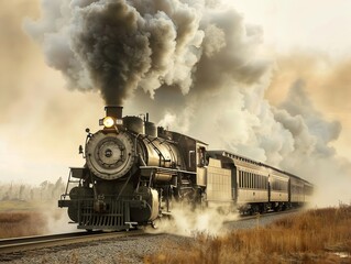 Naklejka premium A vintage steam locomotive chugging along the railroad tracks