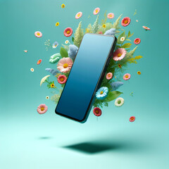 Smartphone on Blue Background Surrounded by Flowers. telephone