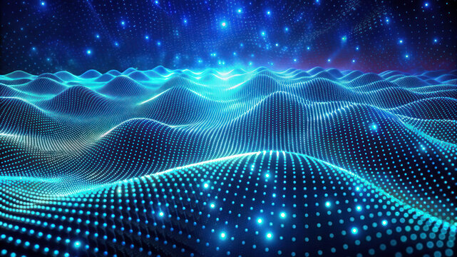 3D Wave Landscape: Data Technology Background with Dots and Binary Code - Big Data, Science, and Digital Processing