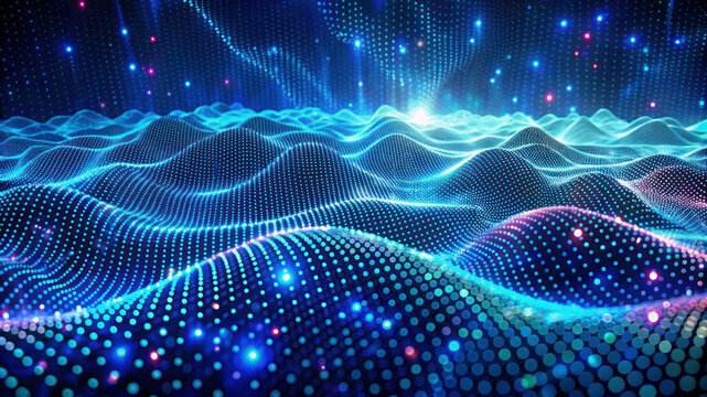 3D Wave Landscape: Data Technology Background with Dots and Binary Code - Big Data, Science, and Digital Processing