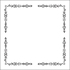 Elegant black and white ornamental frame with Viking runes, decorative border, corners for greeting cards, banners, business cards, invitations, menus. Isolated vector illustration.	