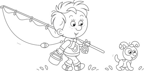 Cheerful little boy fisherman going fishing with his fishing-rod and a small bucket, together with a merry puppy, on a fun summer vacation, black and white vector illustration for a coloring book