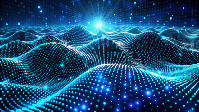 3D Wave Landscape: Data Technology Background with Dots and Binary Code - Big Data, Science, and Digital Processing