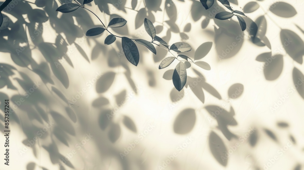 Poster the abstract shadows of leaves cast on a white wall create a light and airy pattern.