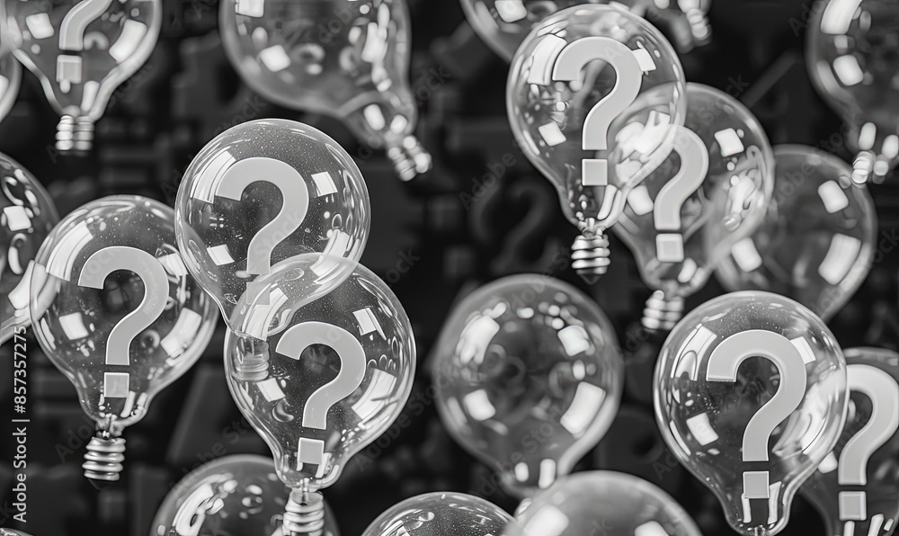 Poster many questions in bubbles, surrounded by question marks