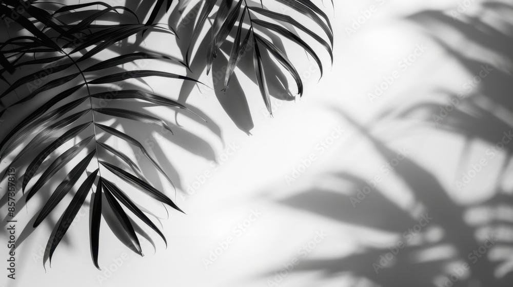 Poster A single palm leaf casting a shadow on a white wall, creating an abstract and minimalist design.
