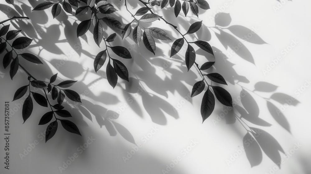 Poster a branch with leaves casts an abstract shadow pattern on a white background.