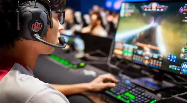 Competitive Gamer Focused on Intense eSports Tournament
