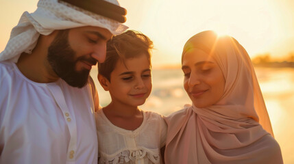 A young Arab family enjoys the sunset on the seashore. Happy man and woman with a small child in their arms spend time together in the fresh air. Family concept.