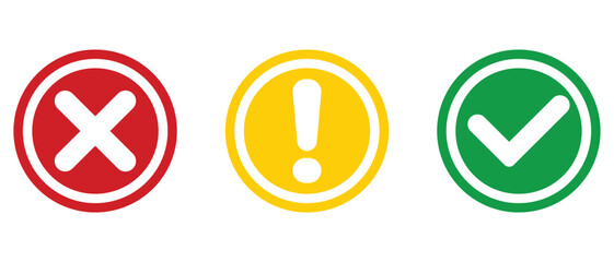 Set of flat round check mark, exclamation point, X mark icons, buttons isolated on a white background. vector illustration.