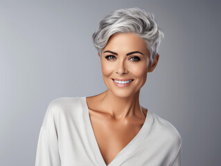 Fototapeta premium Elderly woman with smooth healthy facial skin. Beautiful aging mature woman with gray short hair, happy face. Concept of advertising beauty and cosmetics for women's skin care. Copy space.