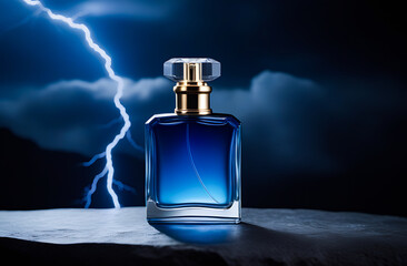 Perfume bottle on a stone in a thunderstorm with lightning