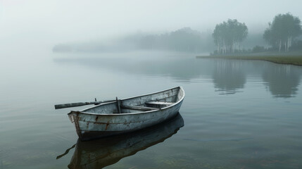 Wooden boat on the lake early in the morning. Beautiful old wooden boat on the water.