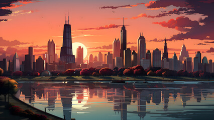 Naklejka premium Chicago - America, Illinois, City, Cartoon, Poster Style
