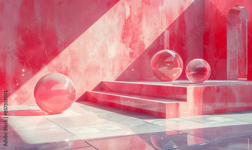 Poster illustration of geometric shapes and forms of shiny spheres on square platform near wall in red and 