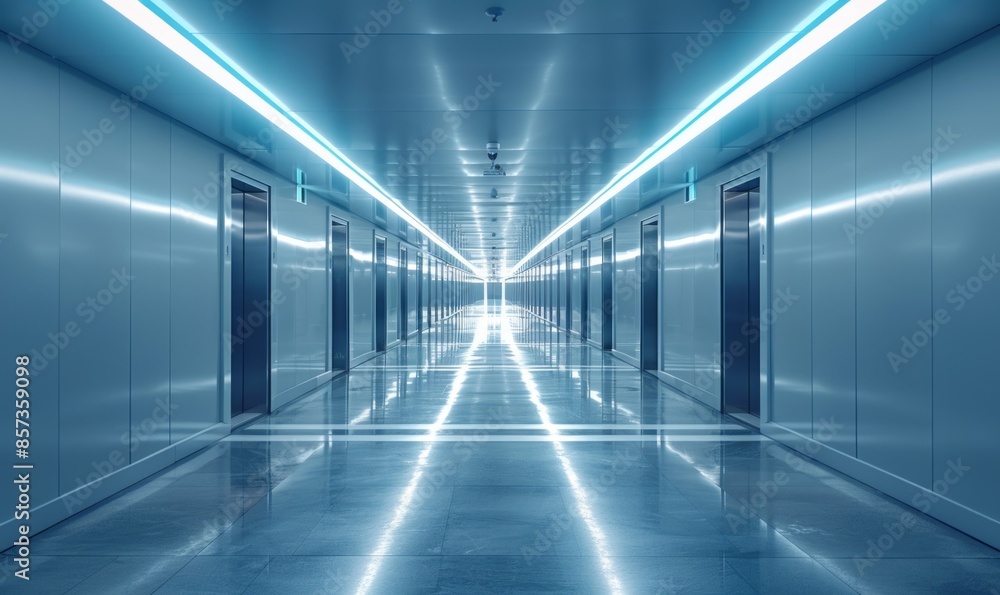 Poster empty space in spacious corridor with gray floor and walls surrounded by glowing lights
