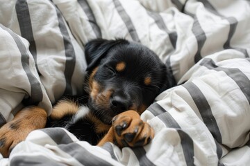 Adorable Rottweiler mix puppy sleeping on striped sheets looking at camera on bed