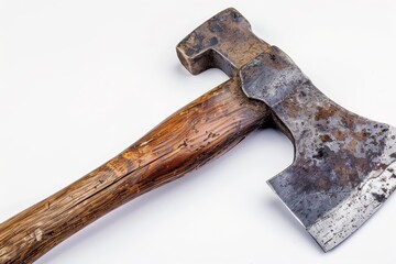 Antique axe with wooden handle on white background