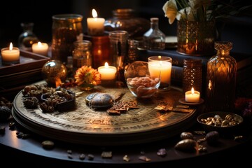 Mystical white table with objects for spiritual communication., generative IA